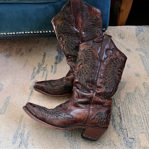 CORRAL Chestnut Turquoise Wing Fleur de Lis Snip Toe Cowgirl Boots Size 9.5 - Picture 5 of 13